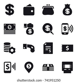 16 vector icon set : dollar, wallet, purse, money bag, money, money gift, dollar arrow, phone pay, virtual mining, hand coin, account balance, receipt, mobile pay, dollar pin, atm