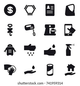 16 vector icon set : dollar, hex molecule, mixer, coffee maker, sow, hand drop, sprayer, wiping, hand and drop, cleanser powder, housing