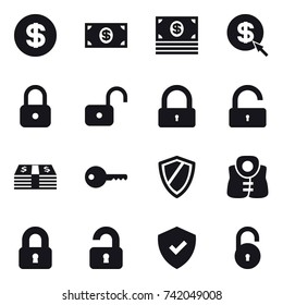 16 Vector Icon Set : Dollar, Money, Dollar Arrow, Lock, Unlock, Key, Shield, Life Vest, Locked, Unlocked