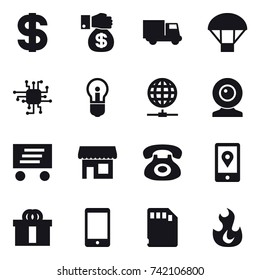 16 vector icon set : dollar, money gift, truck, parachute, chip, bulb, globe connect, web cam, delivery, shop