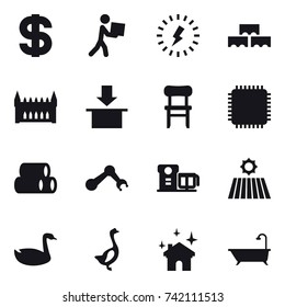 16 vector icon set : dollar, courier, lightning, block wall, gothic architecture, chair, field, goose, house cleaning, bath