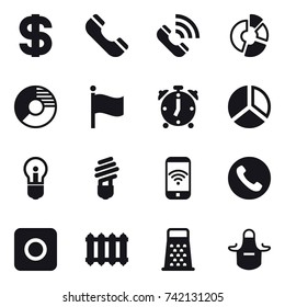 16 vector icon set : dollar, phone, call, circle diagram, flag, alarm clock, diagram, bulb, phone wireless, ring button, radiator, apron