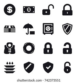 16 vector icon set : dollar, money, unlock, lock, safe, shield, life vest, lifebuoy, locked, unlocked, plate washing