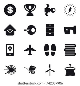 16 vector icon set : dollar, trophy, satellite, lightning, wireless home, slum, airplane, slippers, towels, wheelbarrow, windmill, hanger