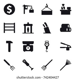 16 vector icon set : dollar coin, detector, stands for knives, kitchen scales, handle scales, garlic clasp, big fork, fork, rake