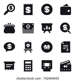 16 vector icon set : dollar magnifier, receipt, dollar, wallet, purse, money, presentation, dollar arrow, money message, crypto currency, account balance, atm receipt, calculator, atm, credit card