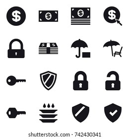 16 vector icon set : dollar, money, dollar arrow, lock, lounger, key, shield, locked, unlocked, plate washing