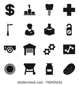 16 vector icon set : dollar, pedestal, outdoor light, do not distrub, surveillance camera, garage, flour, potato