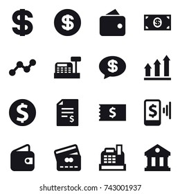 16 vector icon set : dollar, wallet, money, graph, cashbox, money message, graph up, dollar coin, account balance, receipt, mobile pay, credit card, library