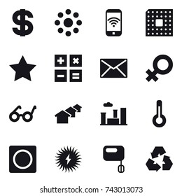16 vector icon set : dollar, round around, phone wireless, cpu, star, calculator, mail, houses, city, thermometer, ring button, recycling