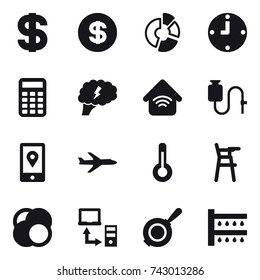 16 vector icon set : dollar, circle diagram, clock, calculator, brain, wireless home, plane, thermometer, Chair for babies, pan, watering