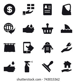 16 vector icon set : dollar, gift, shark flipper, curtain, hand leaf, hand drop, sprayer, scraper, housing