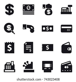 16 vector icon set : dollar, money, money gift, cashbox, dollar arrow, hand coin, credit card, receipt, account balance, wallet, atm