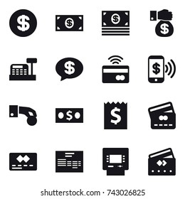 16 vector icon set : dollar, money, money gift, cashbox, money message, tap to pay, phone pay, hand coin, receipt, credit card, atm