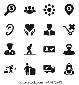 16 vector icon set : dollar magnifier, group, round around, dollar pin, tourist, check in, vacuum cleaner, garbage bin, home call cleaning, cleaner