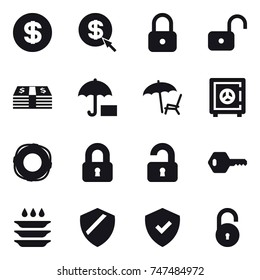 16 vector icon set : dollar, dollar arrow, lock, unlock, lounger, safe, lifebuoy, locked, unlocked, key, plate washing
