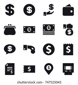 16 vector icon set : dollar, investment, wallet, purse, money, money gift, money message, hand coin, dollar coin, receipt, account balance, dollar pin, atm
