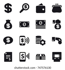16 vector icon set : dollar, dollar magnifier, wallet, purse, money bag, money, money gift, money message, phone pay, virtual mining, hand coin, account balance, mobile pay, atm