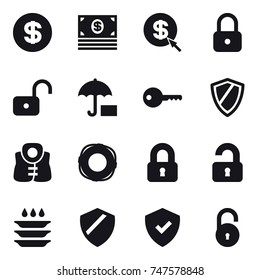 16 vector icon set : dollar, money, dollar arrow, lock, unlock, key, shield, life vest, lifebuoy, locked, unlocked, plate washing