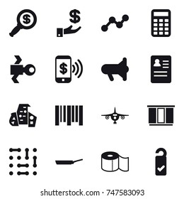 16 vector icon set : dollar magnifier, investment, graph, calculator, satellite, phone pay, megaphone, modern architecture, plane, wardrobe, pan, toilet paper, please clean