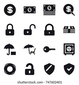 16 vector icon set : dollar, money, dollar arrow, lock, unlock, lounger, key, safe, lifebuoy, unlocked