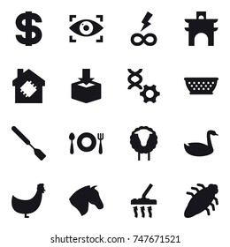 16 vector icon set : dollar, eye identity, infinity power, arch, smart house, kolander, spatula, sheep, goose, chicken, horse, vacuum cleaner, bug