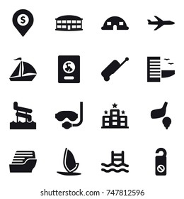 16 vector icon set : dollar pin, airport building, dome house, plane, sail boat, passport, suitcase, hotel, aquapark, diving mask, golf, cruise ship, windsurfing, pool, do not distrub