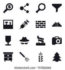 16 vector icon set : dollar magnifier, molecule, magnifier, funnel, tools, brick wall, pyramid, aquapark, camera, nightstand, big fork, spikelets, spruce