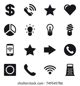 16 vector icon set : dollar, call, star, heart, diagram, bulb, phone wireless, right arrow, phone, ring button
