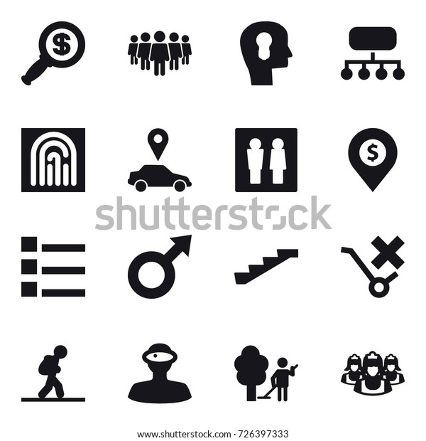 16 vector icon set : dollar\
magnifier, team, bulb head, structure, fingerprint, car pointer,\
wc, dollar pin, list, stairs, tourist, garden cleaning,\
outsource
