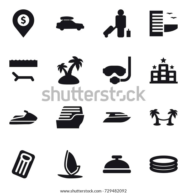 16 vector icon set : dollar pin, car baggage,\
passenger, hotel, lounger, island, diving mask, jet ski, cruise\
ship, yacht, palm hammock, inflatable mattress, windsurfing,\
service bell