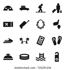 16 vector icon set : dome house, car baggage, tourist, passenger, ticket, suitcase, hawaiian wreath, golf, jet ski, palm hammock, inflatable mattress, flip-flops, service bell, inflatable pool, pool