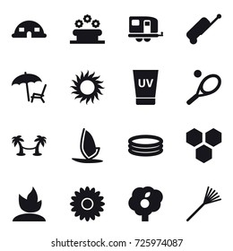 16 vector icon set : dome house, flower bed, trailer, suitcase, lounger, sun, uv cream, tennis, palm hammock, windsurfing, inflatable pool, honeycombs, sprouting, flower, garden, rake
