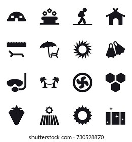 16 vector icon set : dome house, flower bed, tourist, bungalow, lounger, sun, flippers, diving mask, palm hammock, cooler fan, honeycombs, berry, field, clean  window