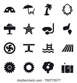 16 vector icon set : dome house, lounger, palm, hawaiian wreath, restaurant, starfish, diving mask, golf, cooler fan, table, pool, field, flower, sun, garden, clean  window