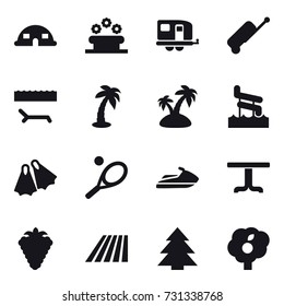 16 vector icon set : dome house, flower bed, trailer, suitcase, lounger, palm, island, aquapark, flippers, tennis, jet ski, table, berry, field, spruce, garden