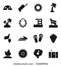 16 vector icon set : dome house, suitcase, sun, palm, island, hawaiian wreath, pool, aquapark, golf, jet ski, flip-flops, berry, sprouting, flower, garden, clean  window