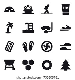 16 vector icon set : dome house, flower bed, tourist, uv cream, palm, pool, diving mask, jet ski, inflatable mattress, flip-flops, cooler fan, slippers, honeycombs, sun, spruce