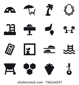 16 vector icon set : dome house, lounger, palm, hawaiian wreath, pool, restaurant, golf, palm hammock, inflatable mattress, flower in window, slippers, honeycombs, berry, thermometer