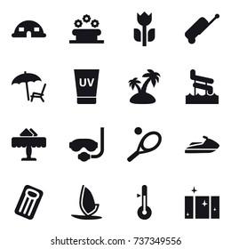 16 vector icon set : dome house, flower bed, suitcase, lounger, uv cream, island, aquapark, restaurant, diving mask, tennis, jet ski, inflatable mattress, windsurfing, thermometer, clean  window