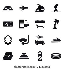 16 vector icon set : dome house, plane, sail boat, tourist, ticket, hotel, lounger, palm, hawaiian wreath, diving mask, transfer, jet ski, cruise ship, service bell, do not distrub, inflatable pool