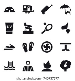 16 vector icon set : dome house, trailer, suitcase, lounger, uv cream, aquapark, tennis, golf, jet ski, flip-flops, cooler fan, table, pool, field, sprouting, garden