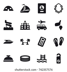 16 vector icon set : dome house, sail boat, passport, hawaiian wreath, aquapark, hotel, transfer, golf, yacht, palm hammock, inflatable mattress, flip-flops, service bell, inflatable pool, pool