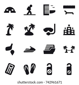 16 vector icon set : dome house, tourist, hotel, lounger, palm, island, diving mask, golf, jet ski, cruise ship, palm hammock, inflatable mattress, flip-flops, do not distrub