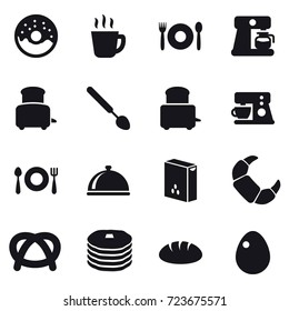 16 vector icon set : donut, hot drink, cafe, coffee maker, toaster, big spoon, bread, egg