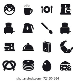 16 vector icon set : donut, hot drink, cafe, coffee maker, toaster, kettle, big spoon, egg, cheese