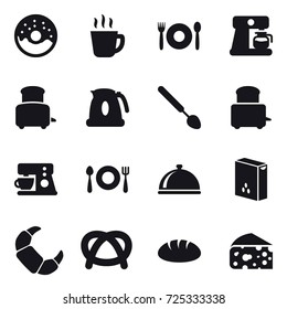 16 vector icon set : donut, hot drink, cafe, coffee maker, toaster, kettle, big spoon, bread, cheese