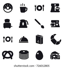 16 vector icon set : donut, hot drink, cafe, coffee maker, toaster, kettle, big spoon, egg, cheese