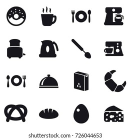 16 vector icon set : donut, hot drink, cafe, coffee maker, toaster, kettle, big spoon, bread, egg, cheese