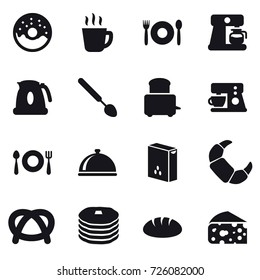 16 vector icon set : donut, hot drink, cafe, coffee maker, kettle, big spoon, bread, cheese